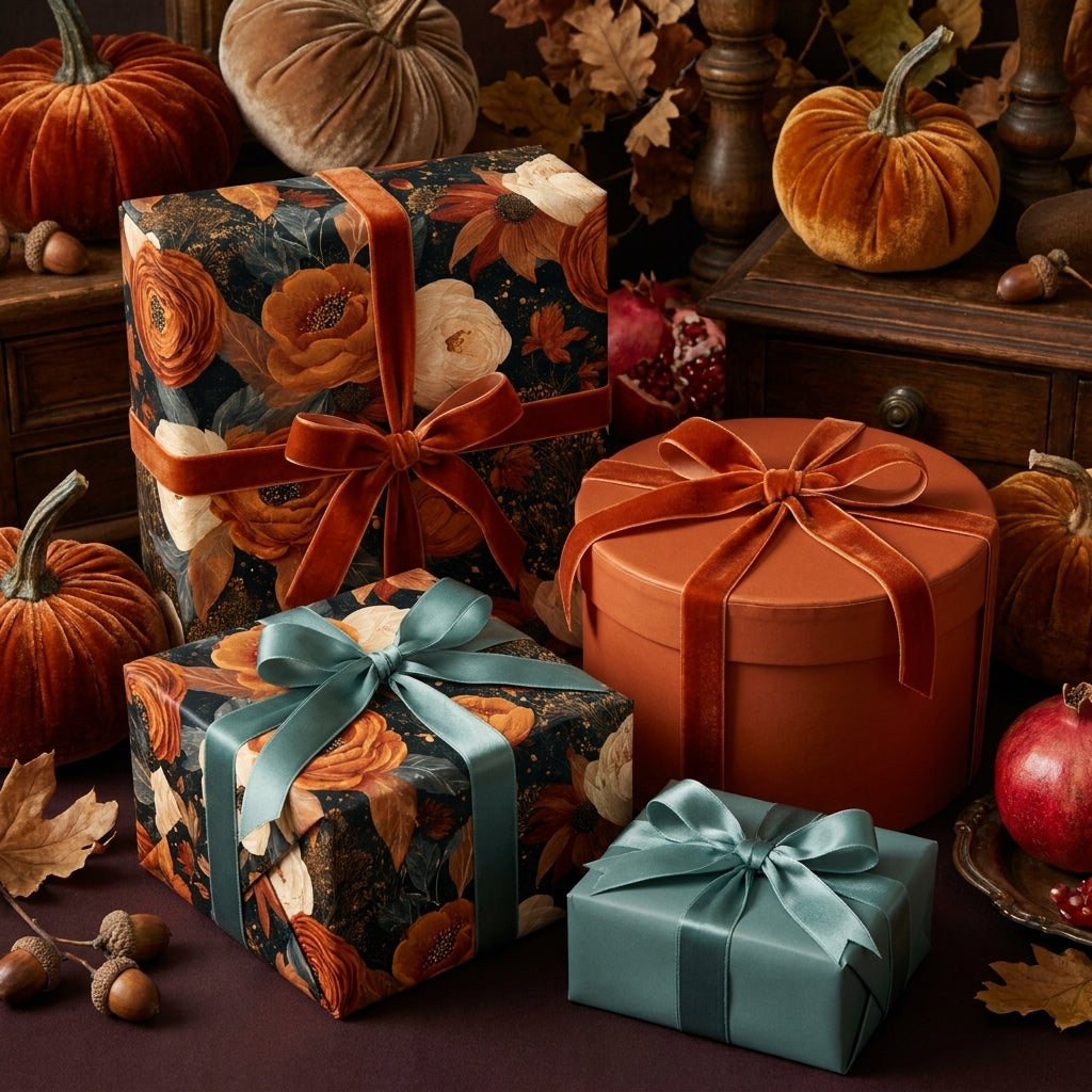 Moody fall floral wrapping paper with velvet ribbons on autumn gifts by Wrapped Studios.
