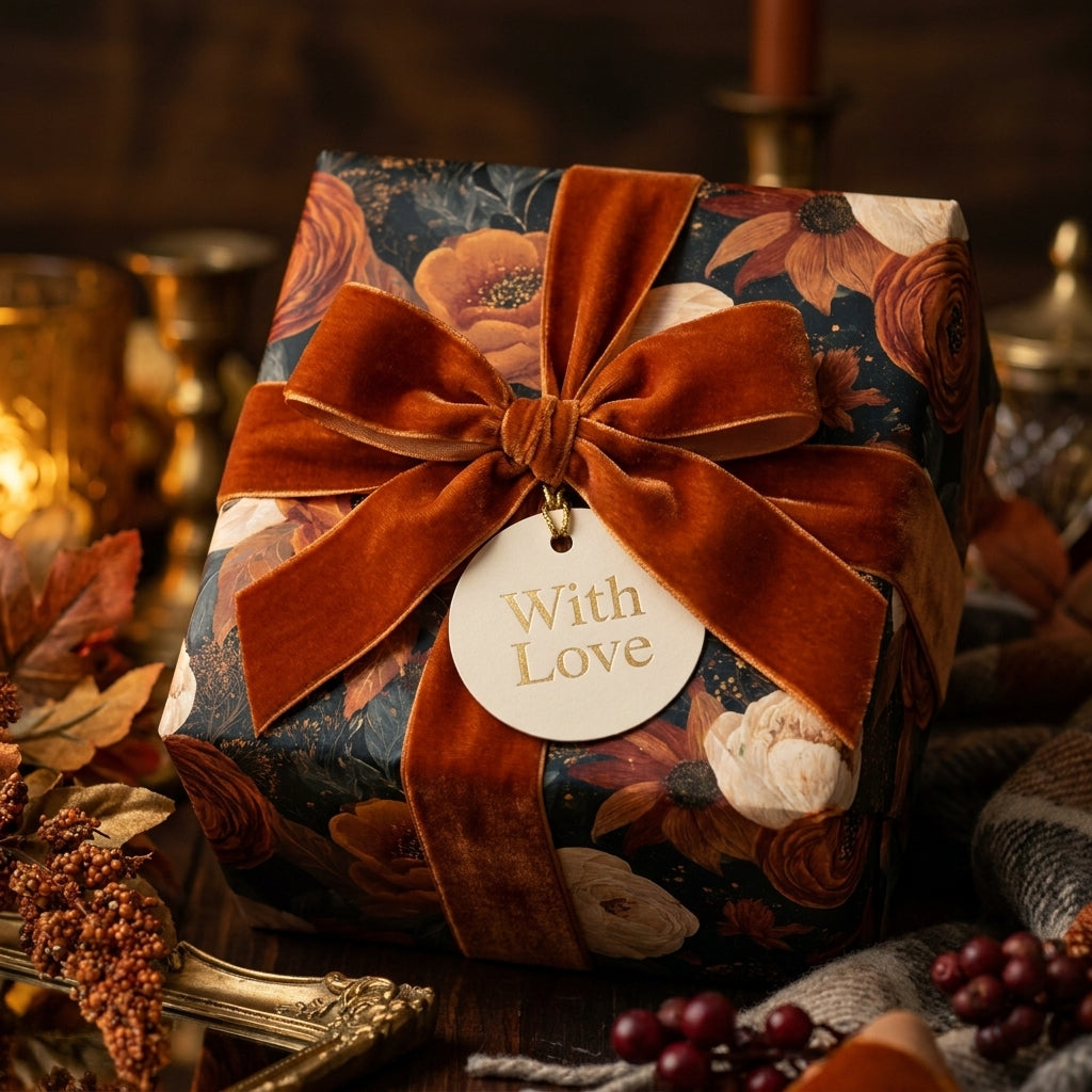 Luxury moody floral gift wrap with a terracotta velvet ribbon and "With Love" tag by Wrapped Studios.