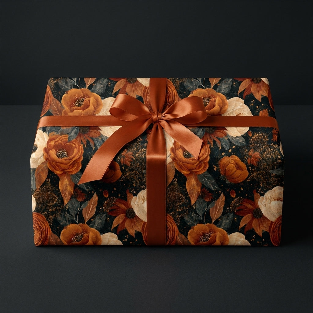Moody burnt orange floral wrapping paper with a rust satin bow on a gift box by Wrapped Studios.