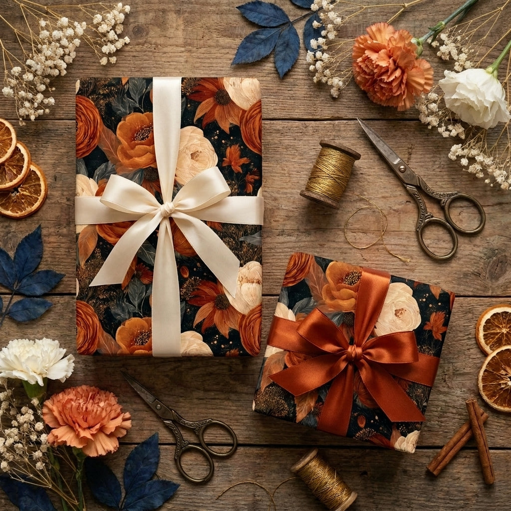 Moody fall floral wrapping paper in rust and cream with elegant satin bows by Wrapped Studios.