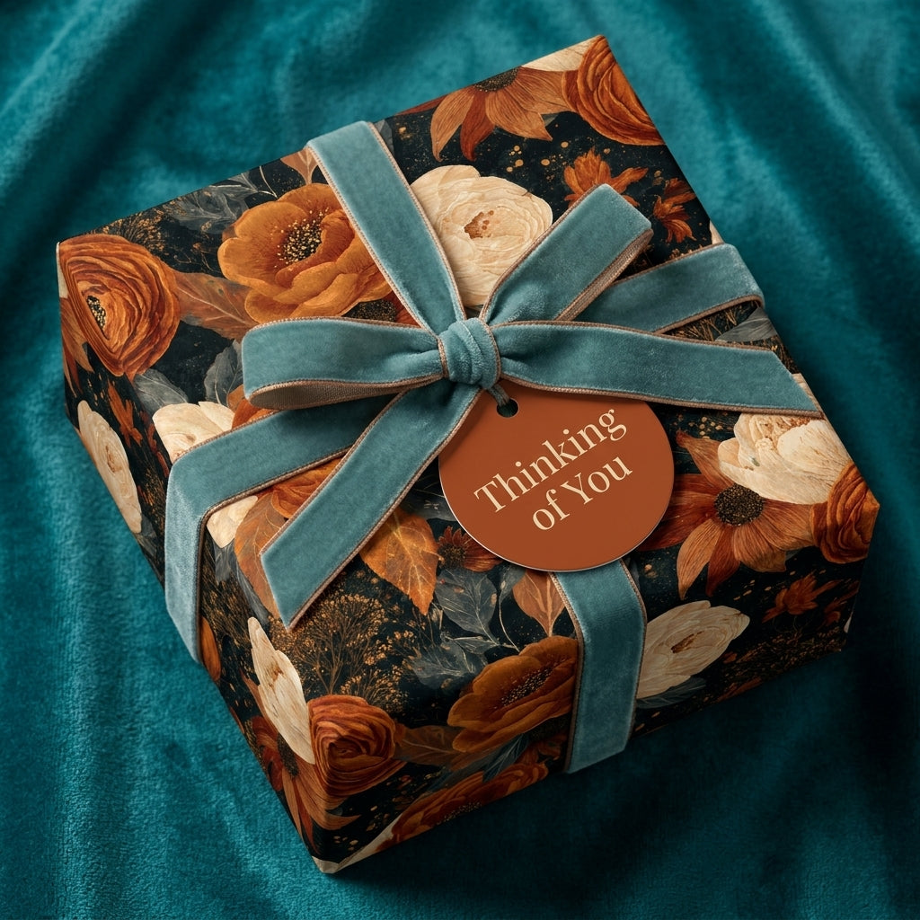 Luxury vintage floral wrapping paper with terracotta flowers and a teal velvet bow, by Wrapped Studios.