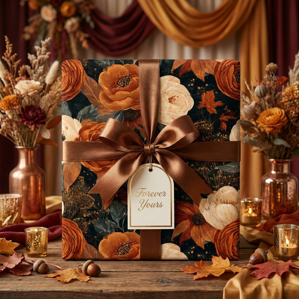 Moody floral wrapping paper with terracotta roses and a satin bow, luxury gift wrap by Wrapped Studios.