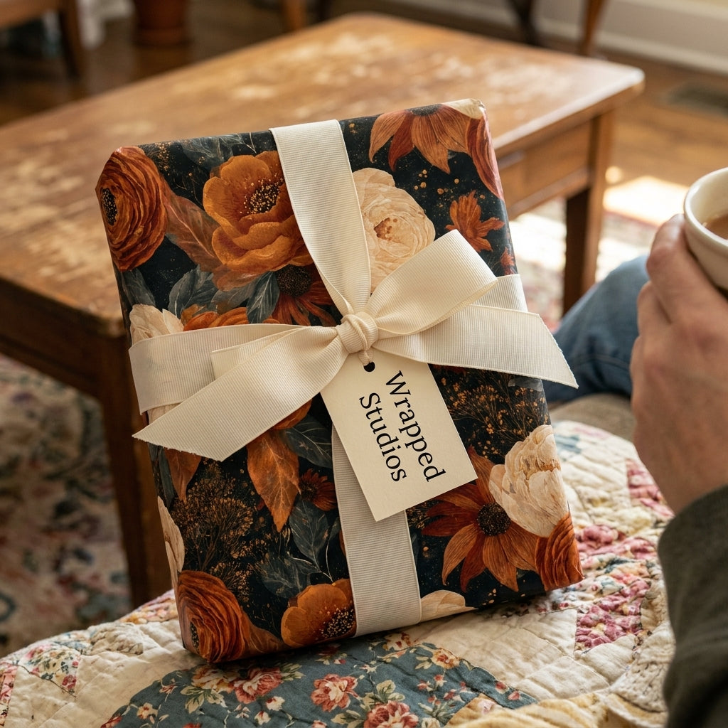 Luxury floral wrapping paper with rust orange autumn flowers and cream ribbon bow by Wrapped Studios.