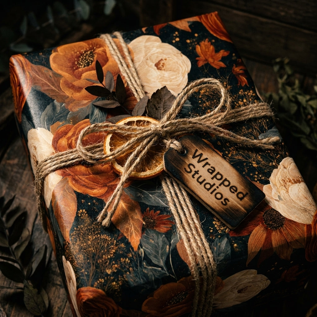 Luxury vintage floral gift wrap in burnt orange with rustic twine by Wrapped Studios.