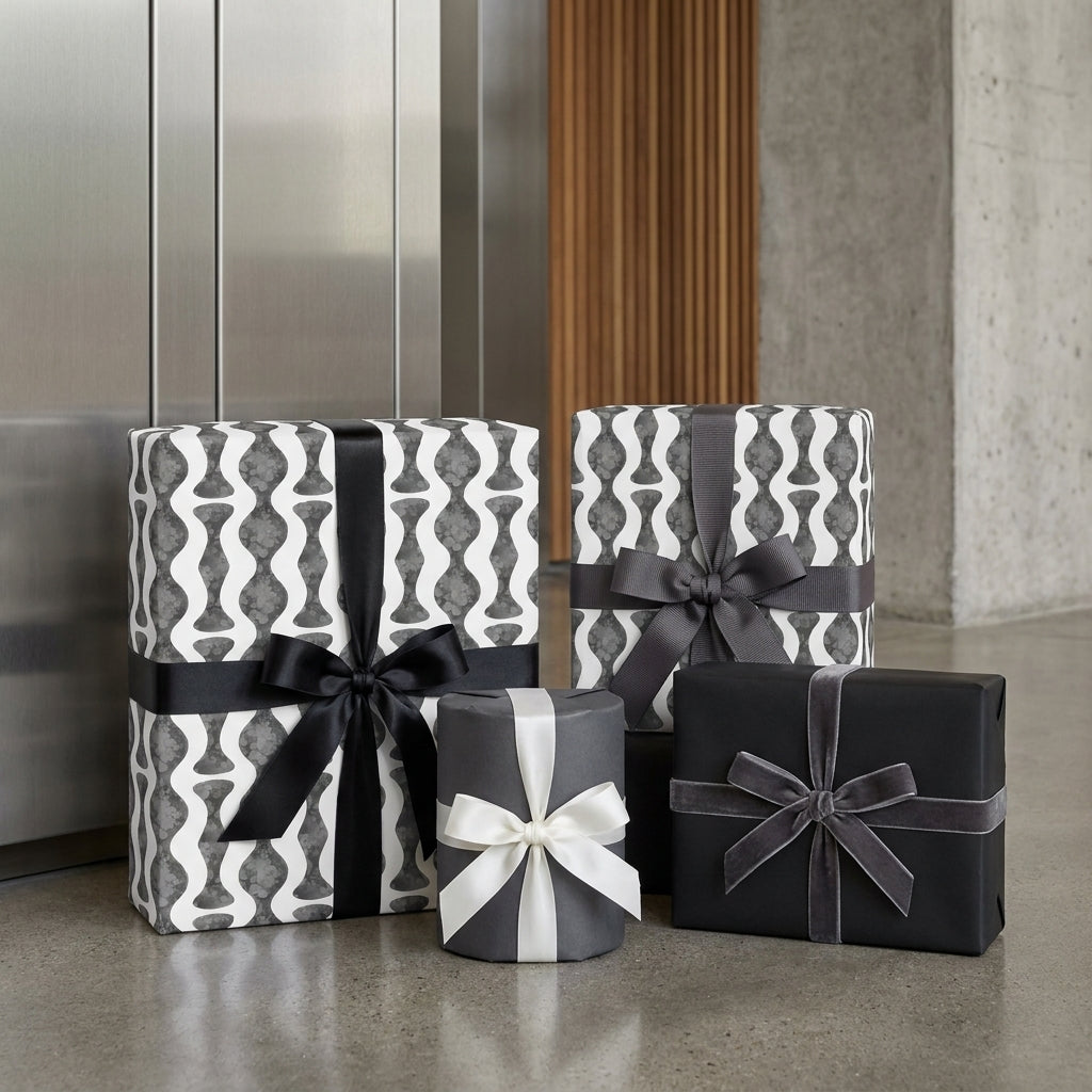 Modern grey geometric wrapping paper and luxury black gift wrap with satin bows by Wrapped Studios.