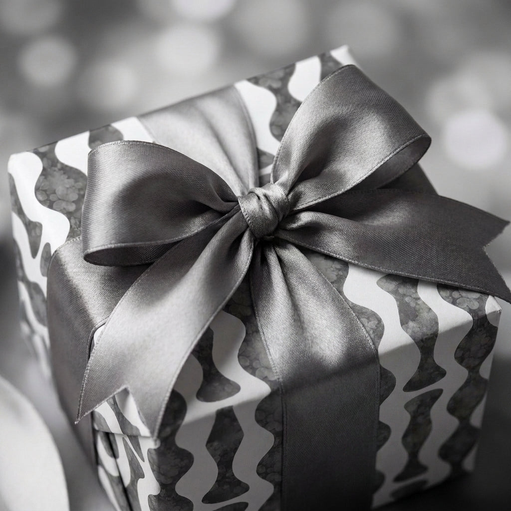 Modern black and white wavy wrapping paper with a luxury grey satin ribbon bow by Wrapped Studios.