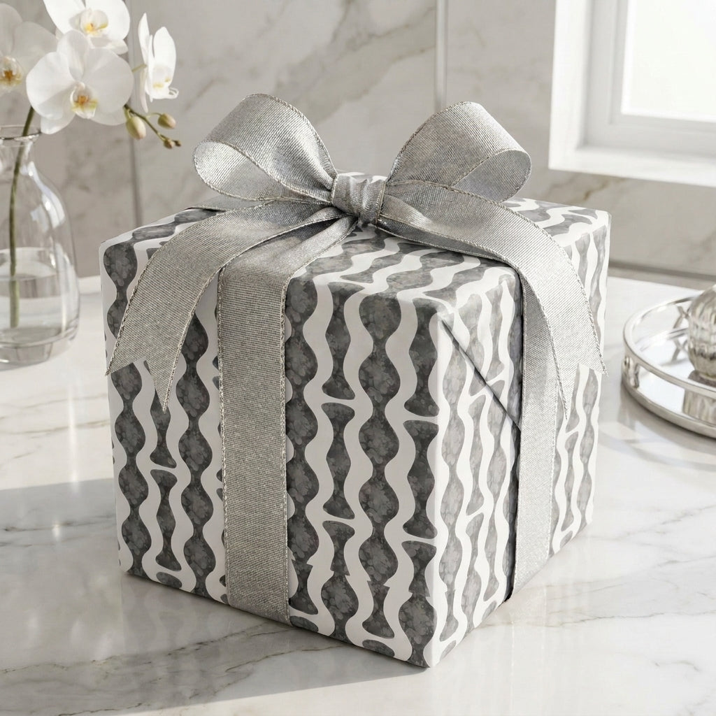 Luxury grey modern wrapping paper with a silver bow on a marble tabletop by Wrapped Studios.