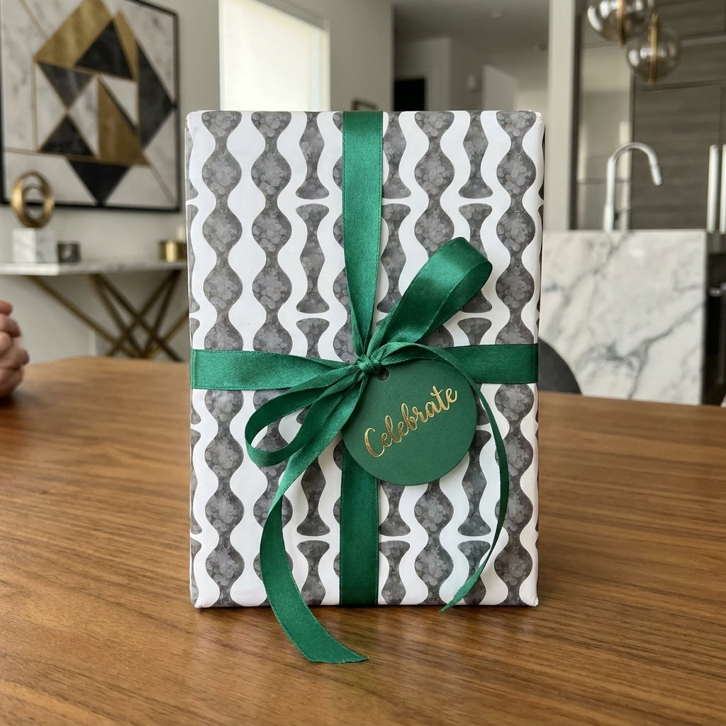 Modern geometric wrapping paper with emerald green ribbon and Celebrate tag by Wrapped Studios.