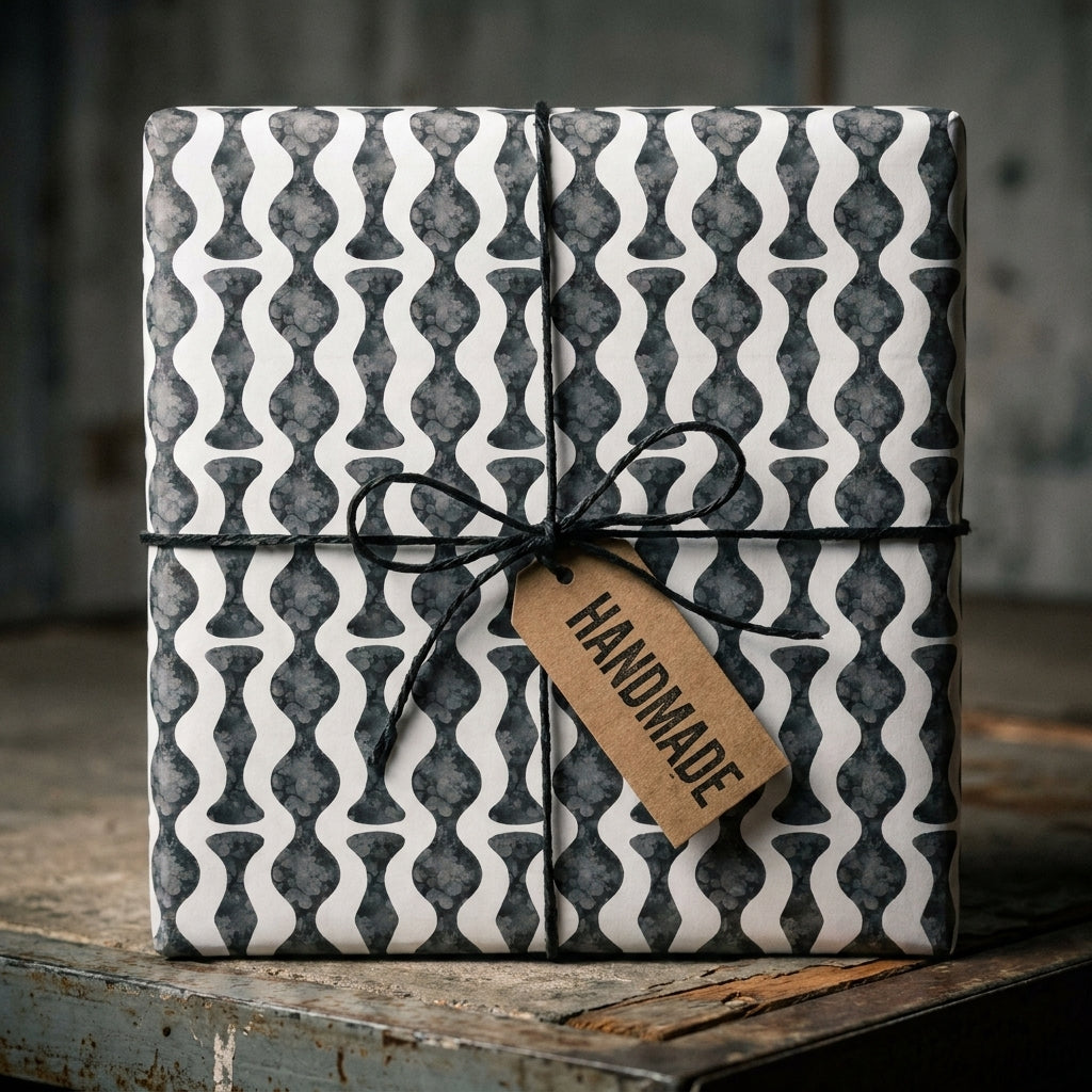 Modern black and white wavy geometric wrapping paper with twine and handmade tag by Wrapped Studios.