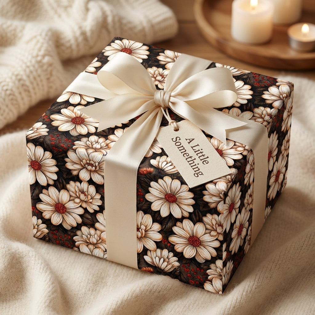 Vintage daisy floral wrapping paper on a cozy gift box with a cream satin bow by Wrapped Studios.