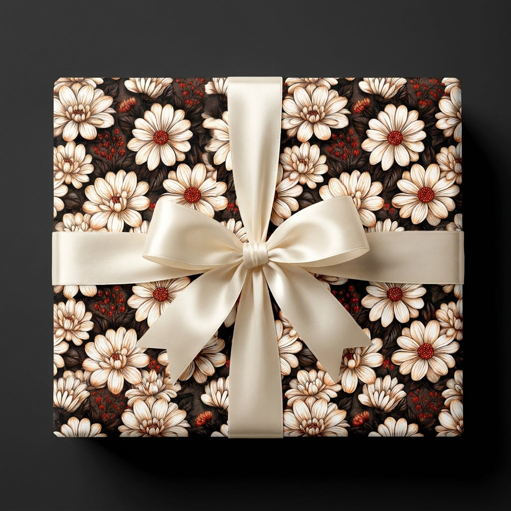 Vintage floral wrapping paper with cream daisies and a satin bow on a gift box by Wrapped Studios.