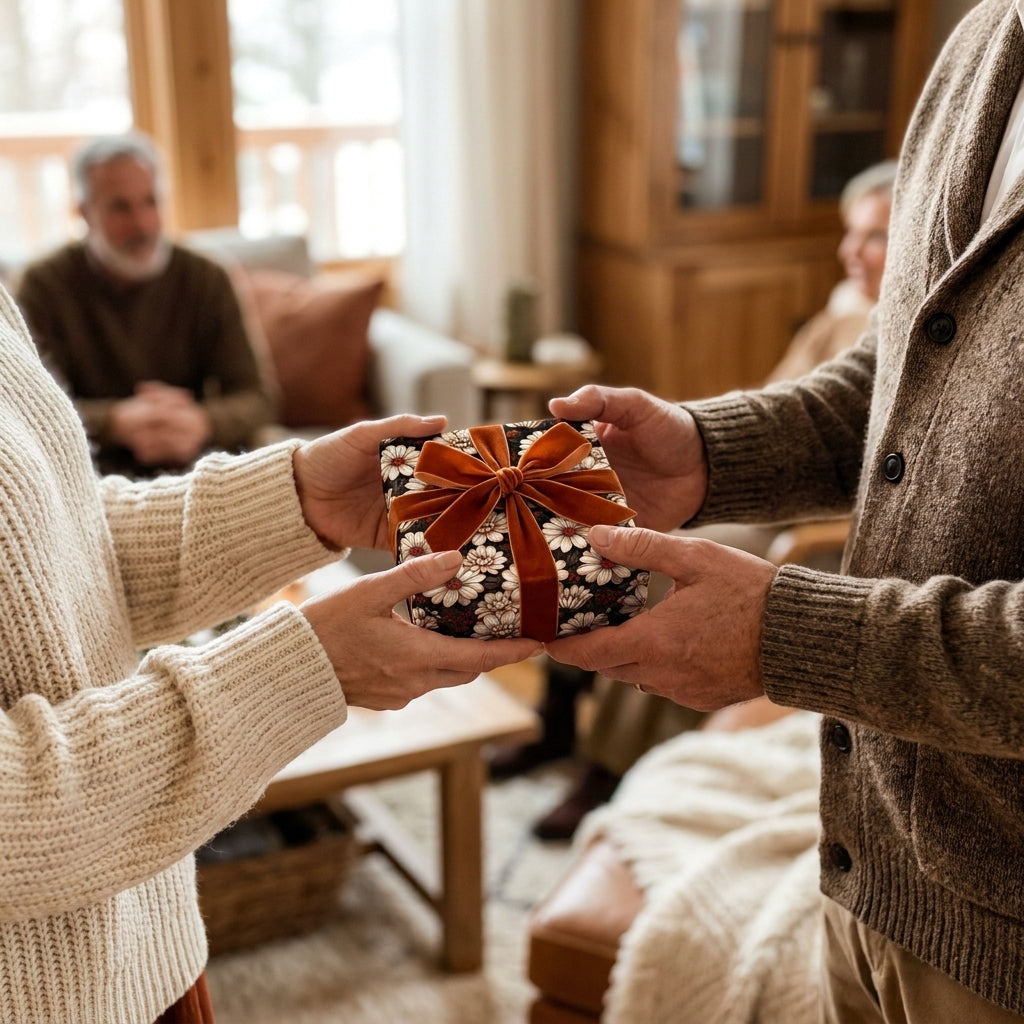 Hands exchanging a gift in vintage floral wrapping paper with a velvet bow by Wrapped Studios.