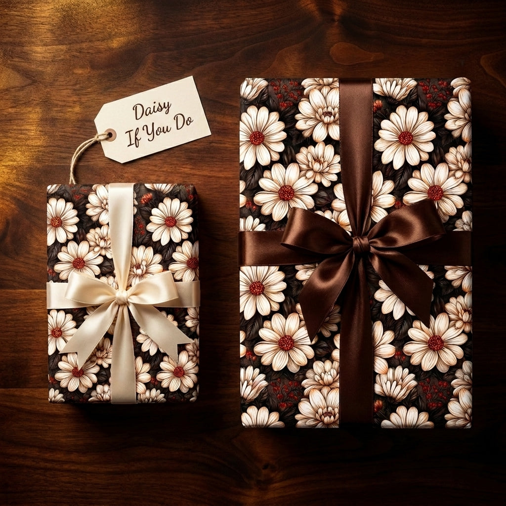 Vintage daisy floral wrapping paper with satin ribbon bows on gifts by Wrapped Studios.
