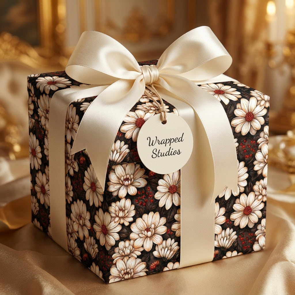 Luxury vintage floral wrapping paper with a cream satin bow by Wrapped Studios.