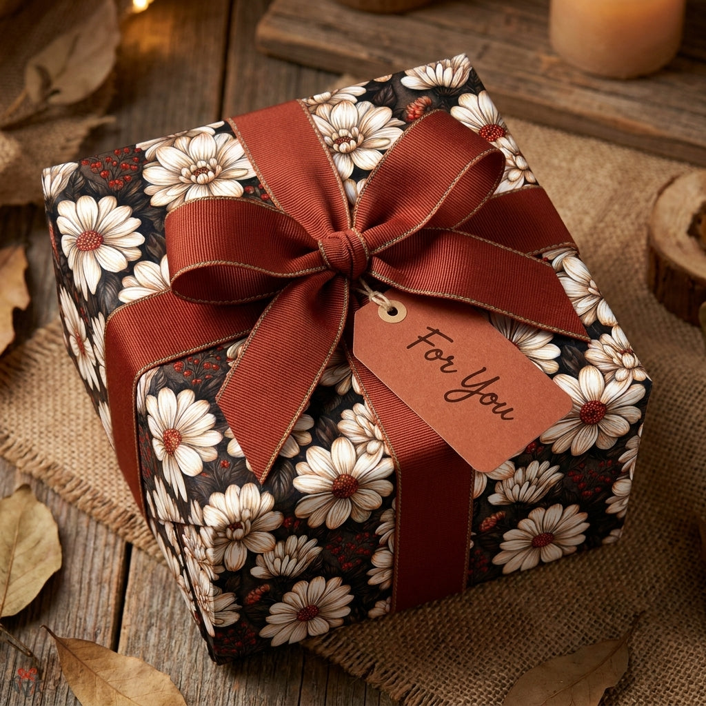 Vintage floral wrapping paper with daisies and a rust ribbon on a rustic gift box by Wrapped Studios.