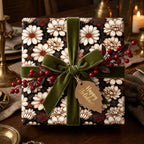 Vintage floral Christmas gift wrap with cream daisies, green velvet bow and holiday tag by Wrapped Studios.