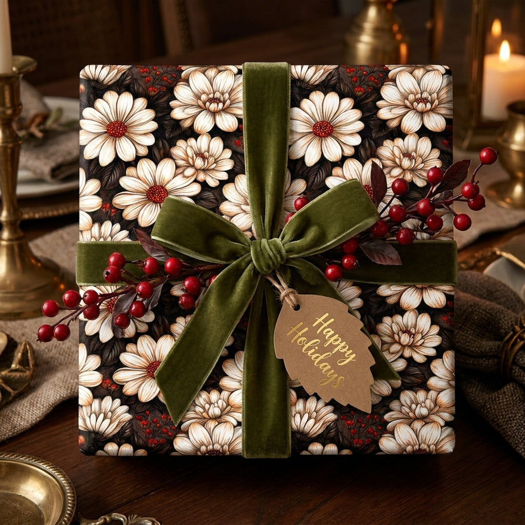 Vintage floral Christmas gift wrap with cream daisies, green velvet bow and holiday tag by Wrapped Studios.