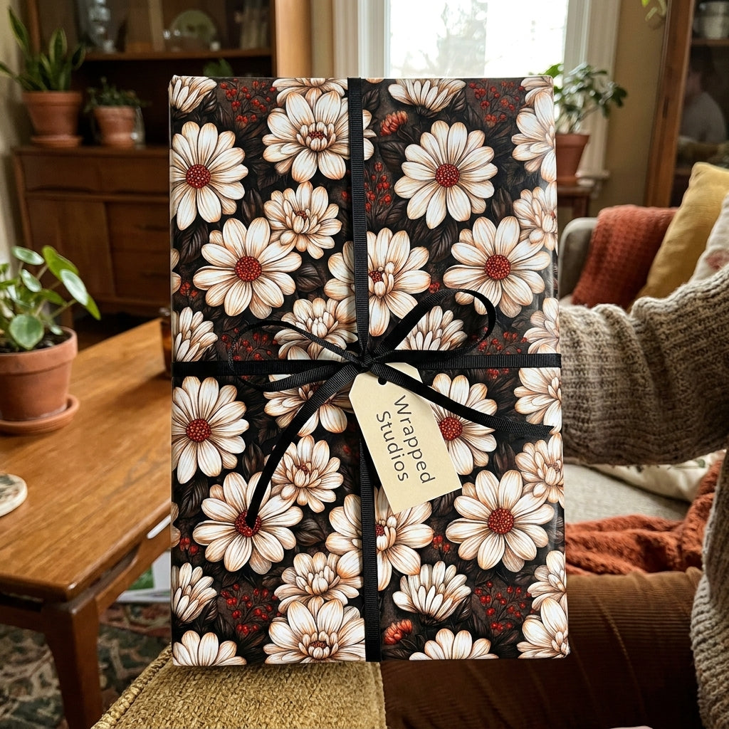 Moody vintage floral wrapping paper with cream daisies and a black bow by Wrapped Studios.
