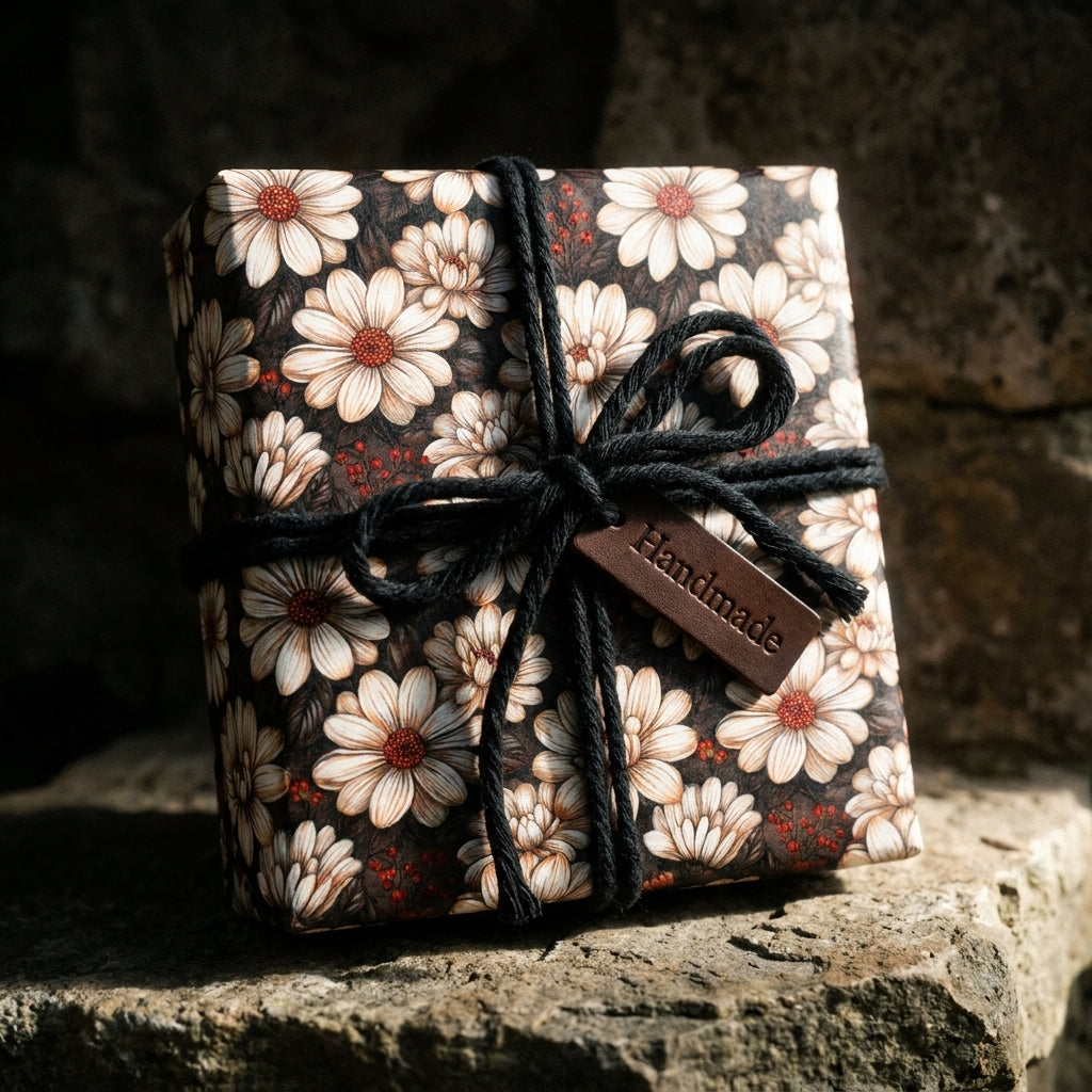 Vintage floral gift wrap with white daisies and black yarn bow on a rustic gift box. Wrapped Studios.