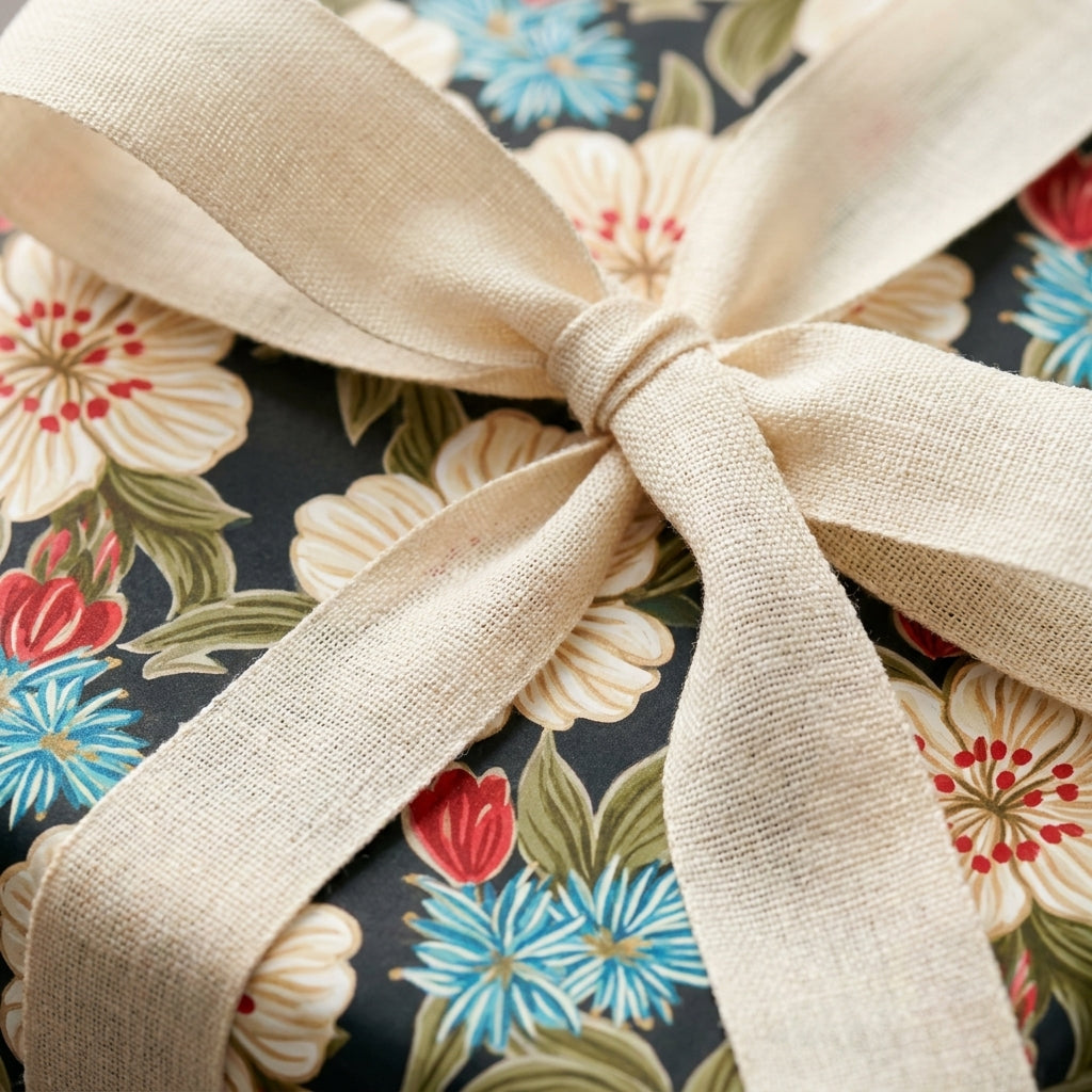 Vintage floral wrapping paper with cream flowers and a linen ribbon bow by Wrapped Studios.
