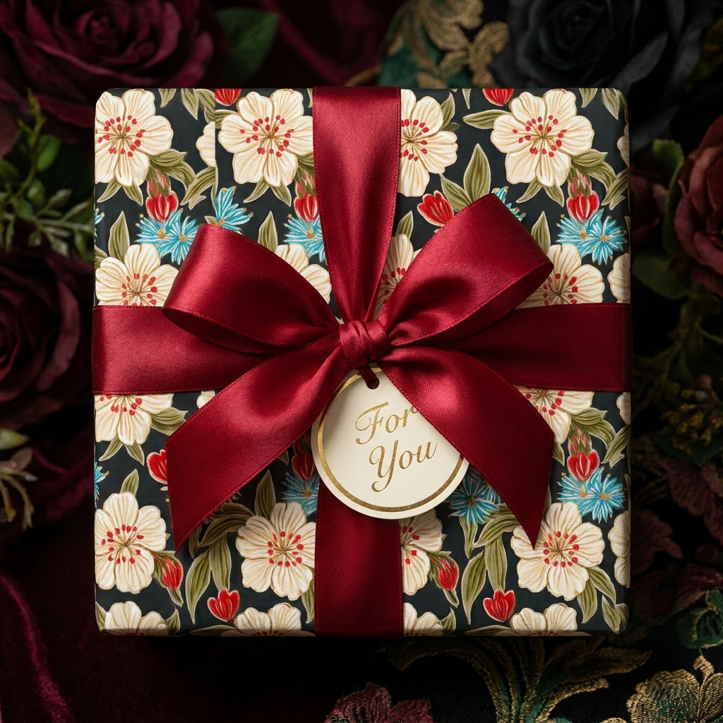 Vintage floral wrapping paper with a luxury red satin bow and gift tag by Wrapped Studios.