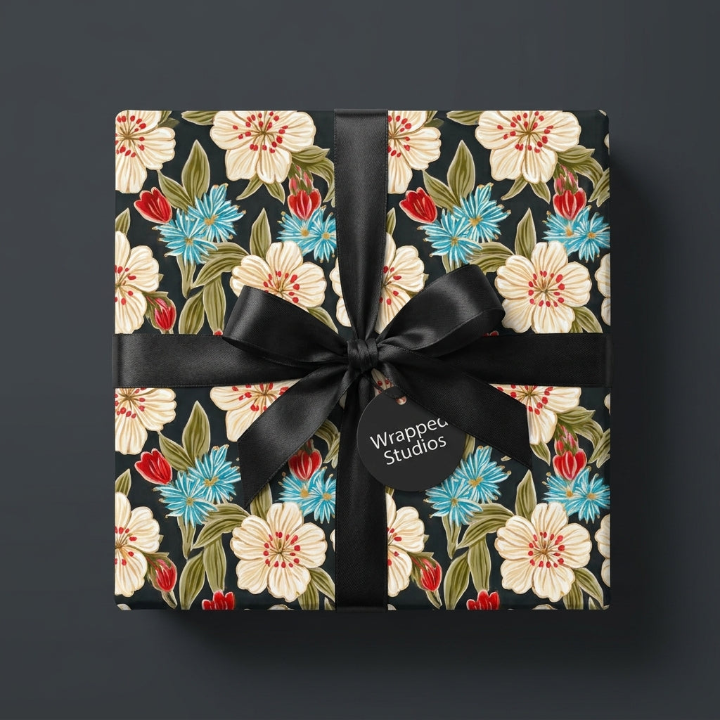 Luxury vintage floral wrapping paper with a black satin bow on a gift box, from Wrapped Studios.