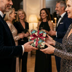 Luxury floral wrapping paper with a burgundy ribbon bow at an elegant holiday party by Wrapped Studios.