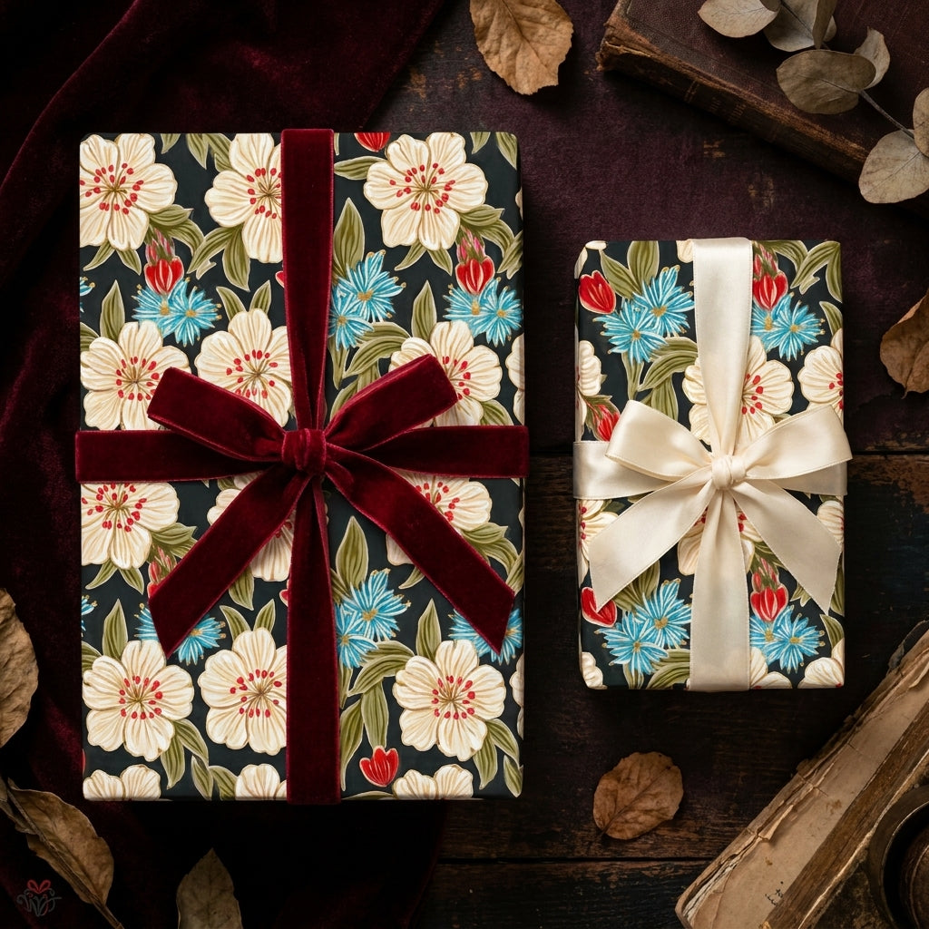 Luxury vintage floral wrapping paper with velvet and satin bows by Wrapped Studios.
