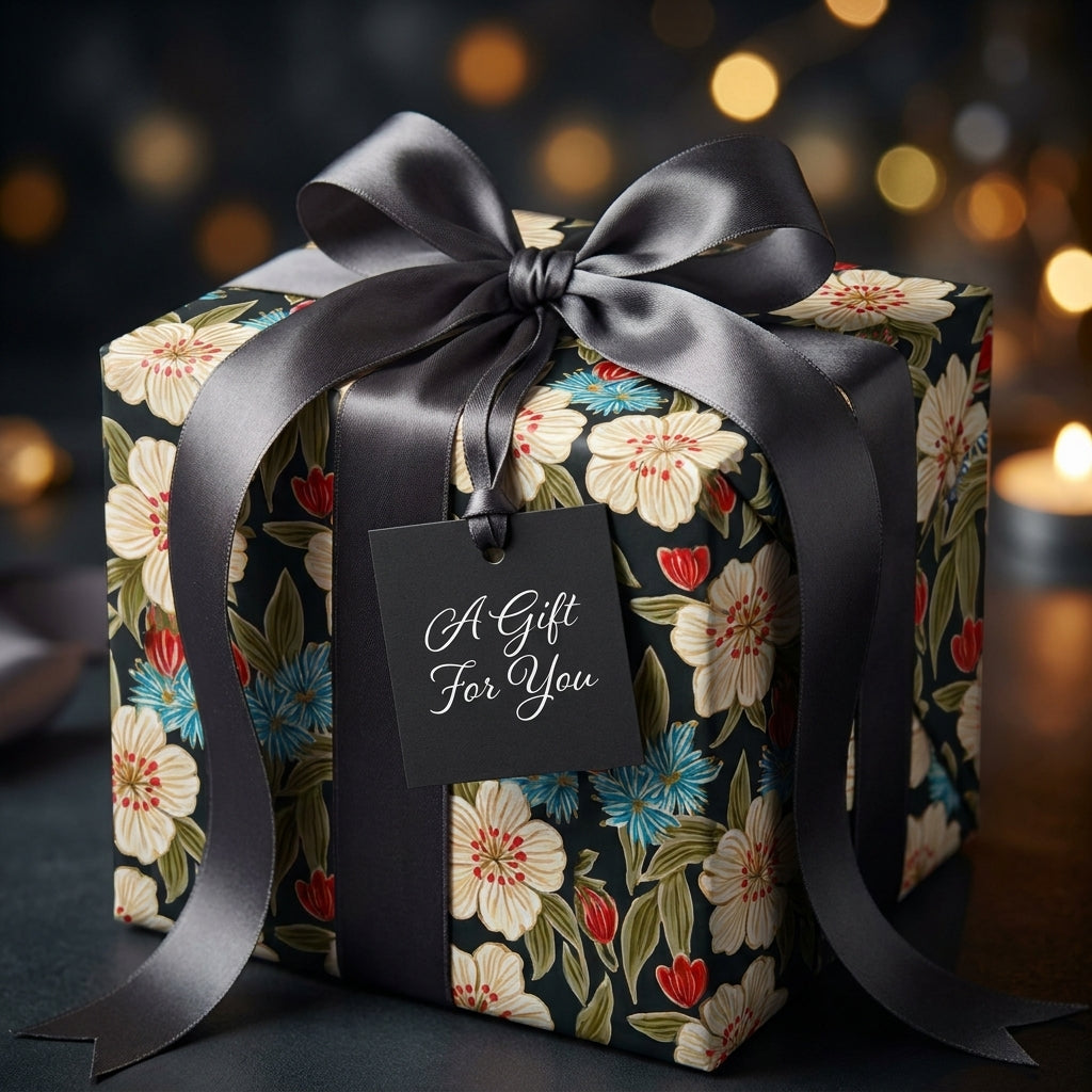 Luxury dark floral wrapping paper with a grey satin bow on a gift box, by Wrapped Studios.