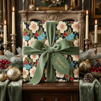Luxury floral Christmas wrapping paper with a sage green velvet bow by Wrapped Studios.