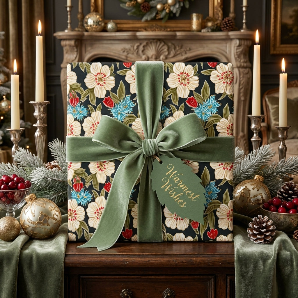 Luxury floral Christmas wrapping paper with a sage green velvet bow by Wrapped Studios.