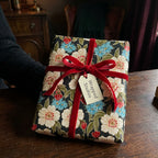 Elegant Christmas gift wrap with vintage floral wrapping paper and red velvet bow from Wrapped Studios.