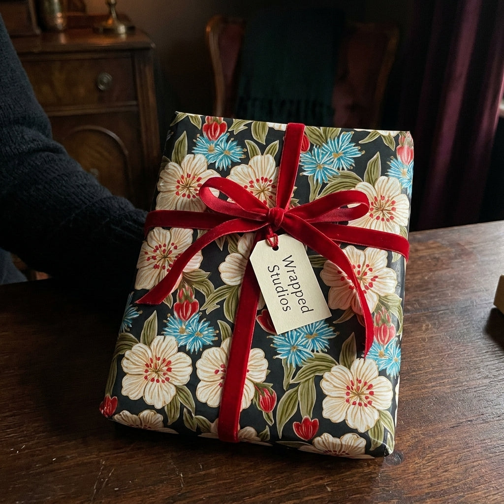Elegant Christmas gift wrap with vintage floral wrapping paper and red velvet bow from Wrapped Studios.