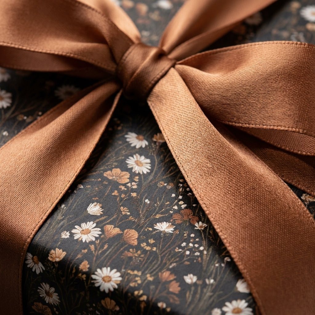 Moody vintage floral wrapping paper with white daisies and a copper satin ribbon bow by Wrapped Studios.
