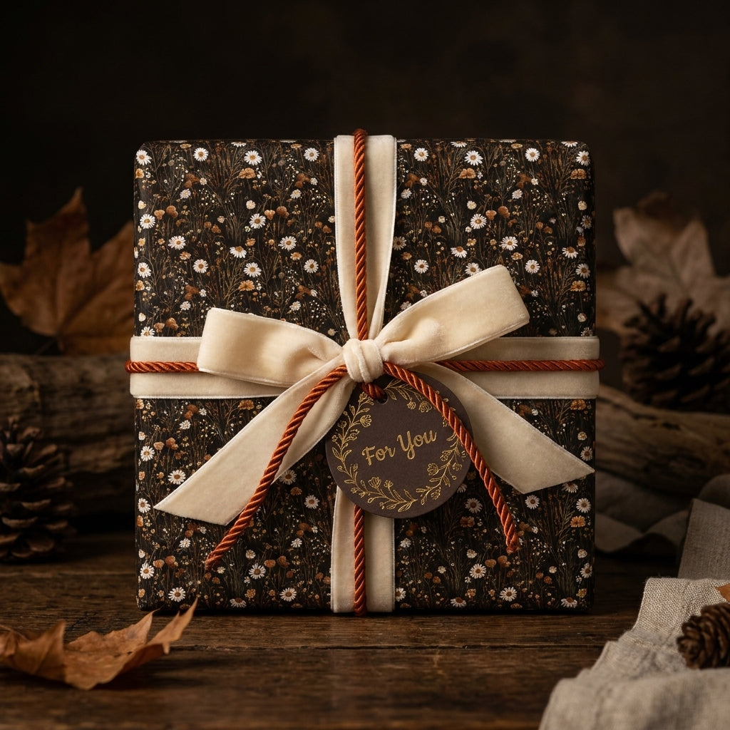 Rustic vintage floral wrapping paper with a cream velvet bow on a gift box by Wrapped Studios.