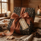 Rustic floral wrapping paper with terracotta ribbon on Thanksgiving gift box, by Wrapped Studios.