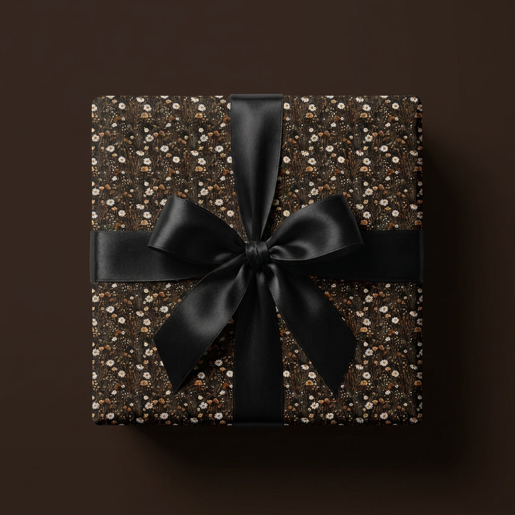 Luxury dark floral wrapping paper with white daisies and a black satin bow by Wrapped Studios.