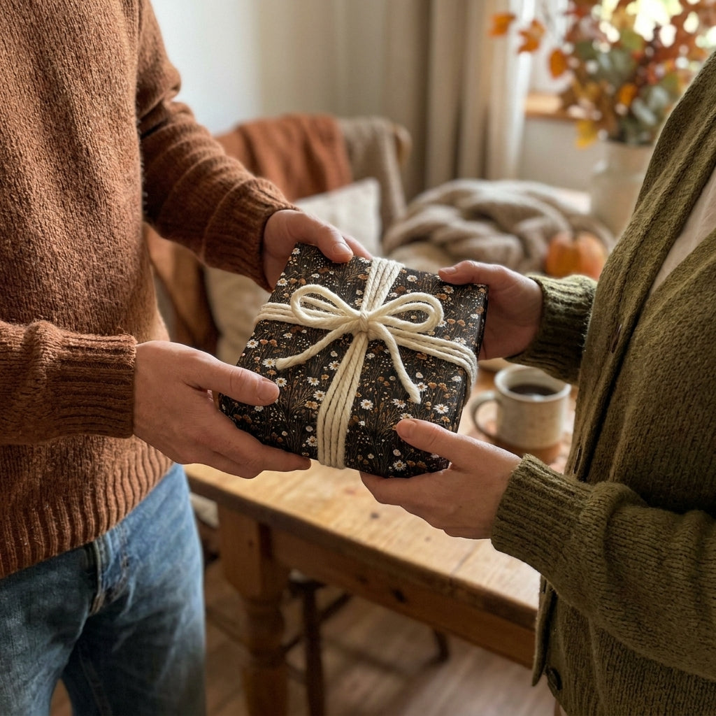 Couple exchanging a gift in dark boho floral wrapping paper with cream rope bow, by Wrapped Studios.