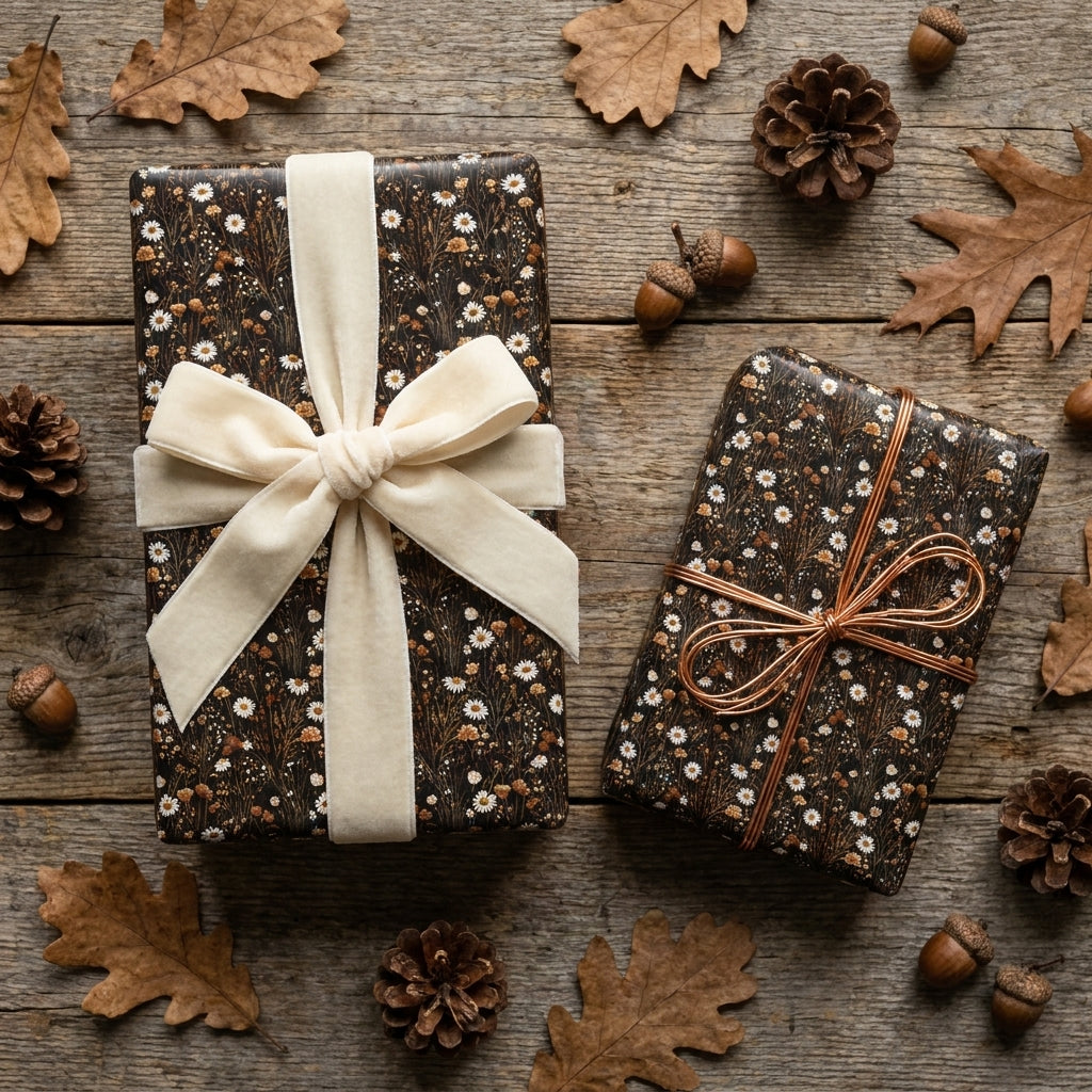 Vintage floral wrapping paper with daisies and cream velvet ribbon by Wrapped Studios.