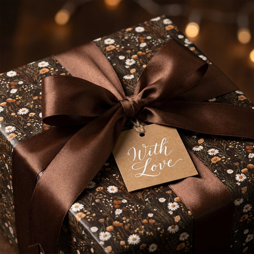 Dark floral wrapping paper with a brown satin bow and "With Love" gift tag by Wrapped Studios.