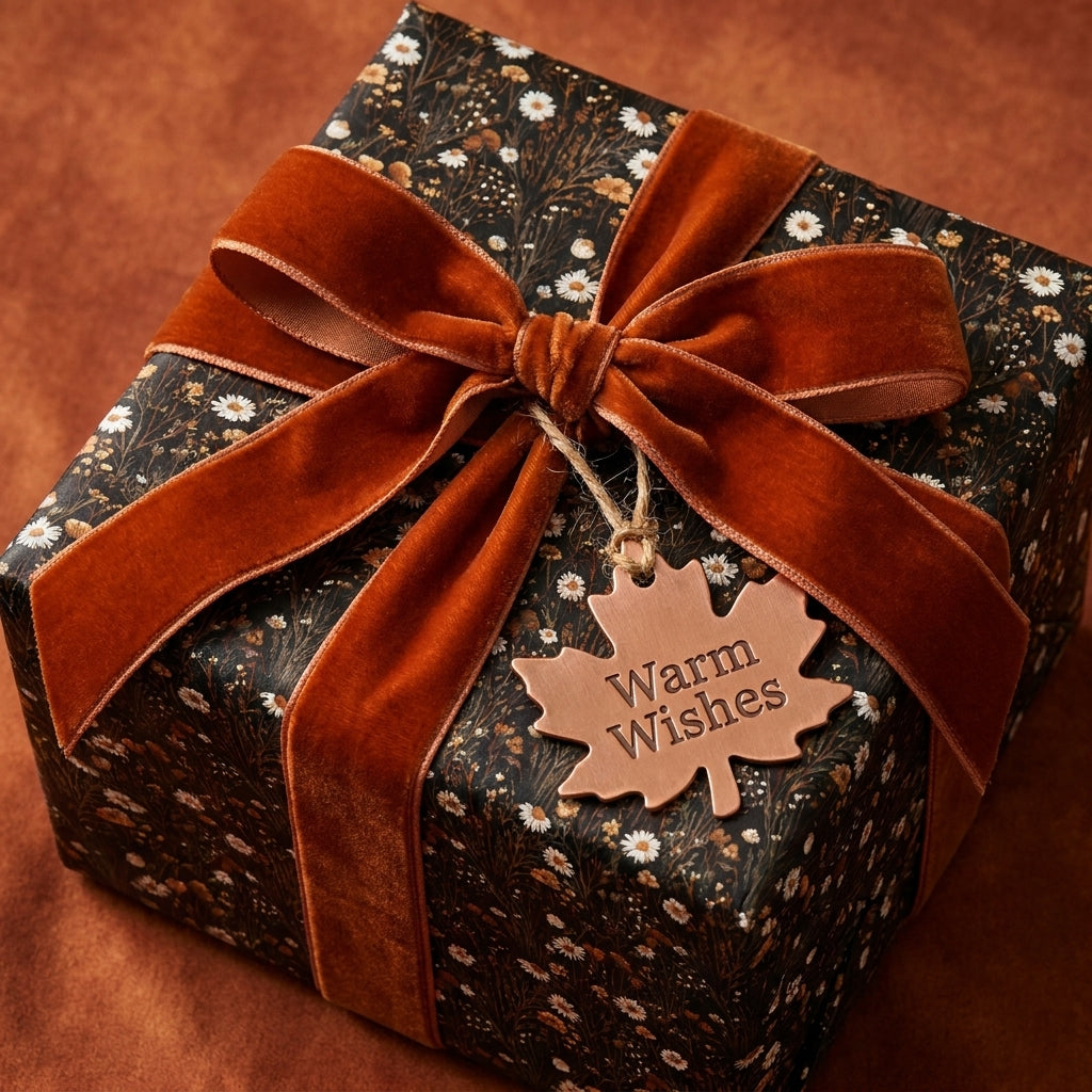 Luxury vintage floral wrapping paper with a rust velvet bow on a cozy autumn gift by Wrapped Studios.