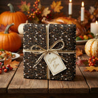 Rustic floral Thanksgiving wrapping paper on a gift box with gold ribbon, by Wrapped Studios.