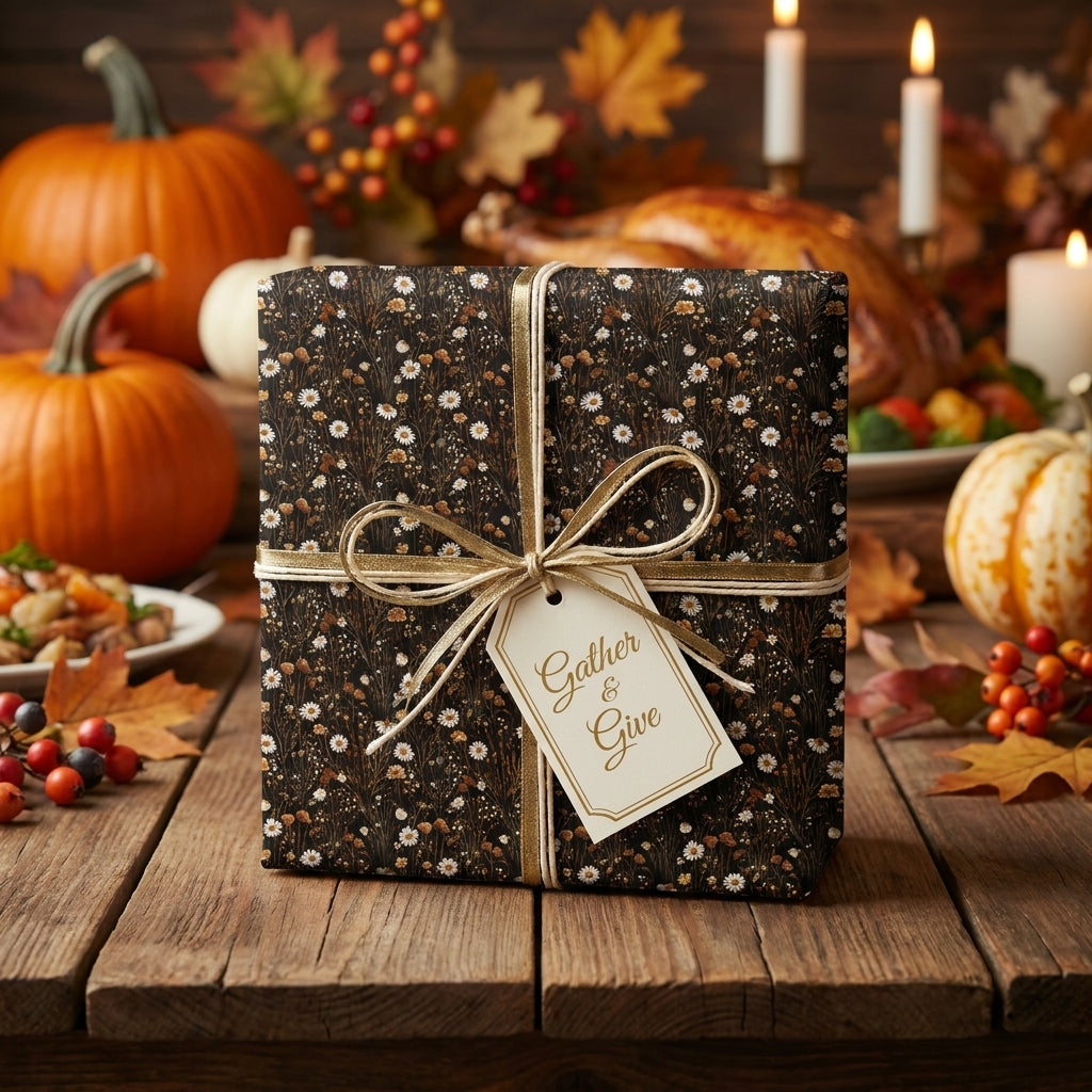 Rustic floral Thanksgiving wrapping paper on a gift box with gold ribbon, by Wrapped Studios.