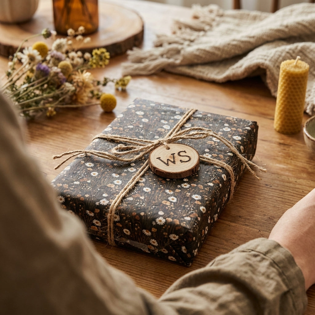 Rustic vintage floral wrapping paper by Wrapped Studios on a gift box tied with twine.