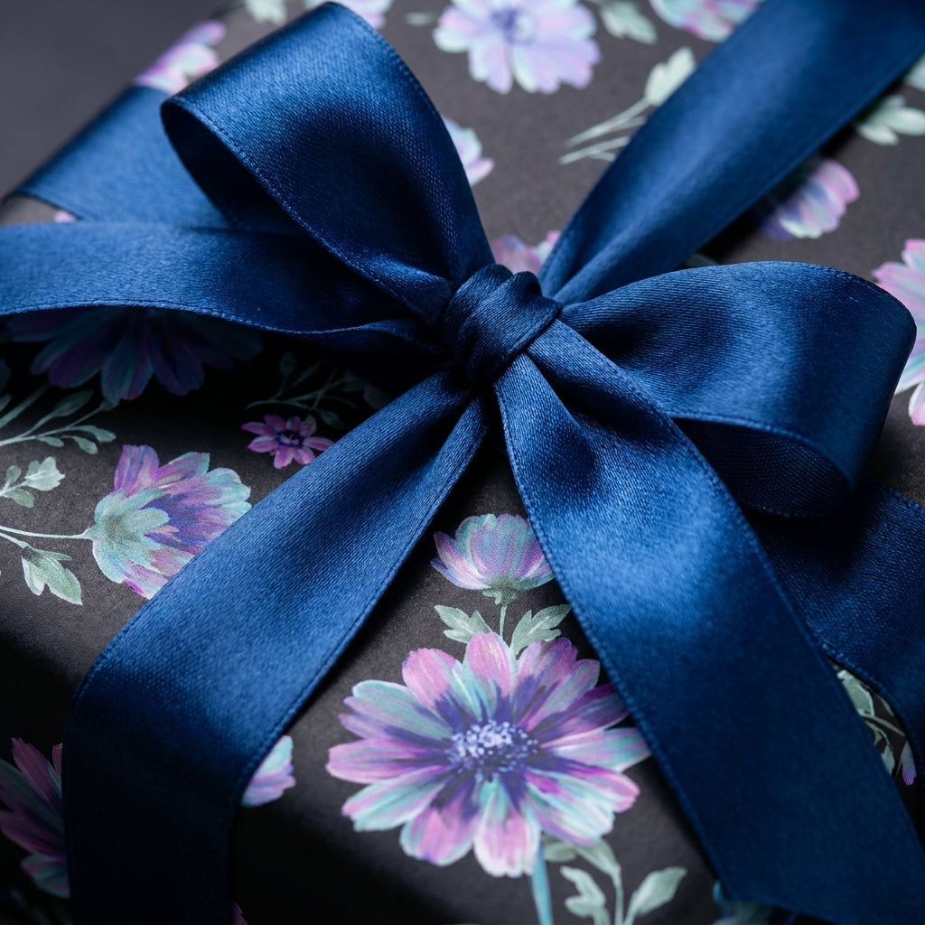 Luxury dark floral wrapping paper with a blue satin ribbon bow, elegant gift wrap by Wrapped Studios.