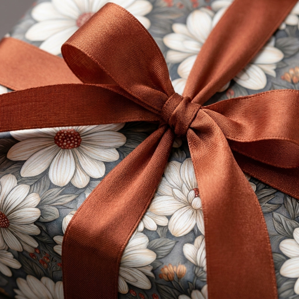 Elegant vintage floral wrapping paper with a rust orange satin ribbon bow from Wrapped Studios.