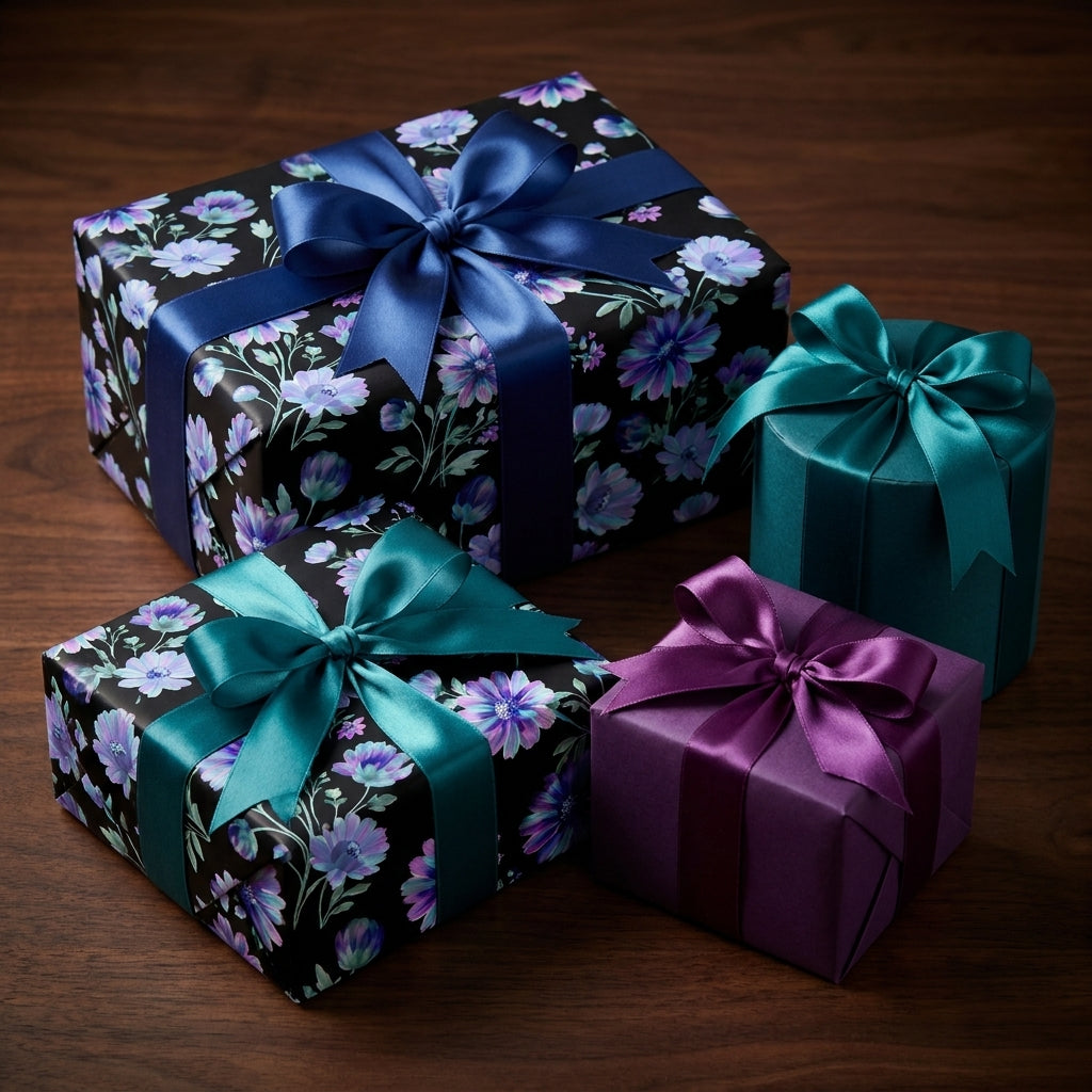 Luxury dark floral wrapping paper on elegant gift boxes with satin bows by Wrapped Studios.