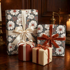 Elegant vintage floral wrapping paper with cream and rust velvet ribbons by Wrapped Studios.