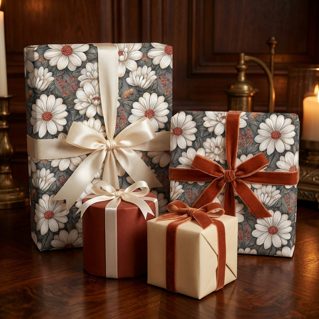 Elegant vintage floral wrapping paper with cream and rust velvet ribbons by Wrapped Studios.