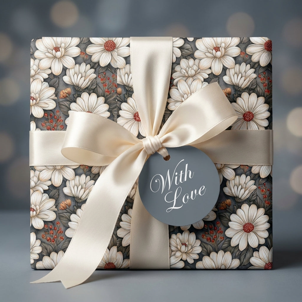 Elegant floral wrapping paper with cream satin bow and gift tag by Wrapped Studios.
